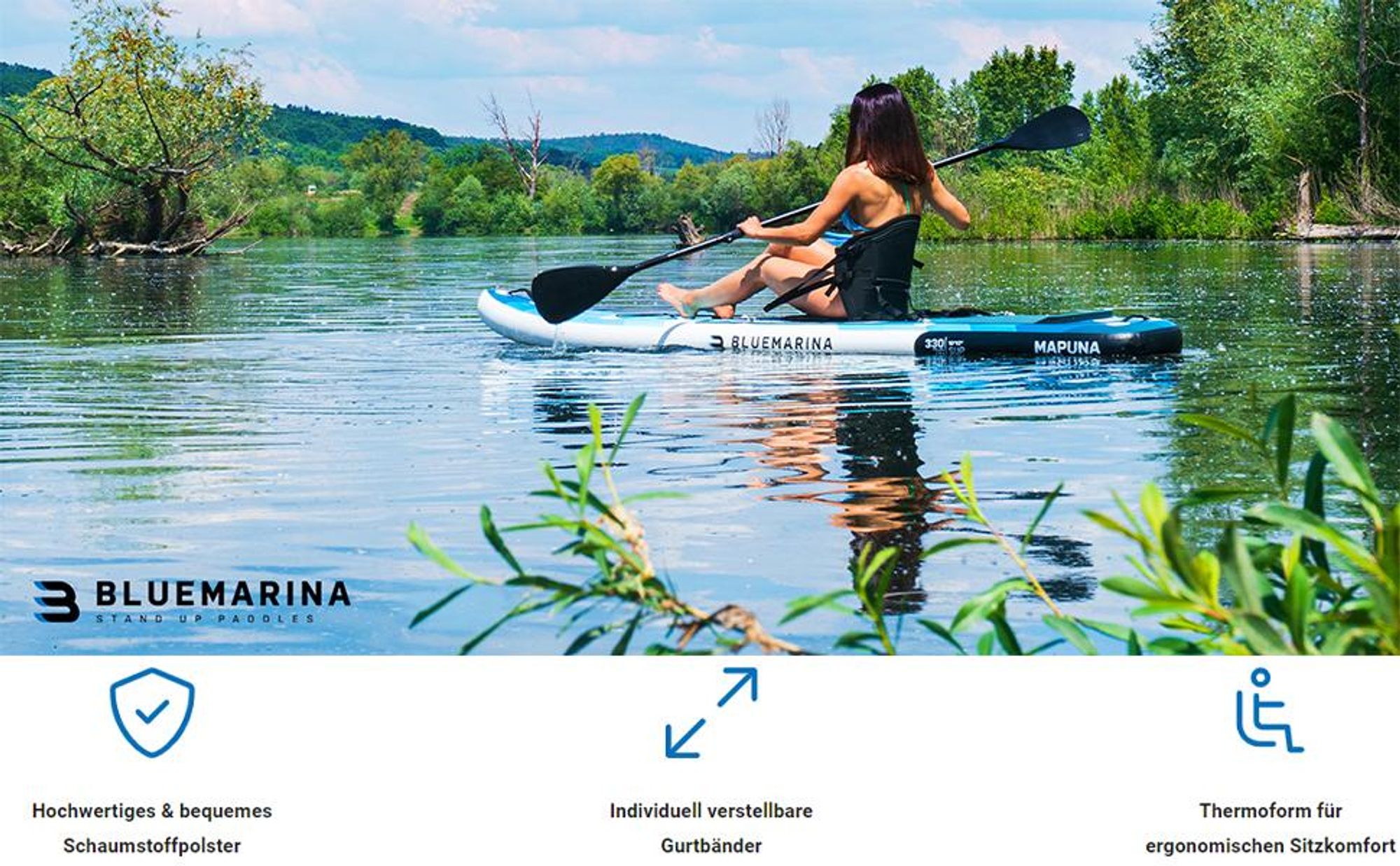 Bluemarina Kajaksitz | SUP Zubehör - Kajak Kanu Stand Up Paddle - inkl. Paddel - Surfboard Sitz - Polster - Rückenlehne - Für Modelle mit 4 D-Ringen