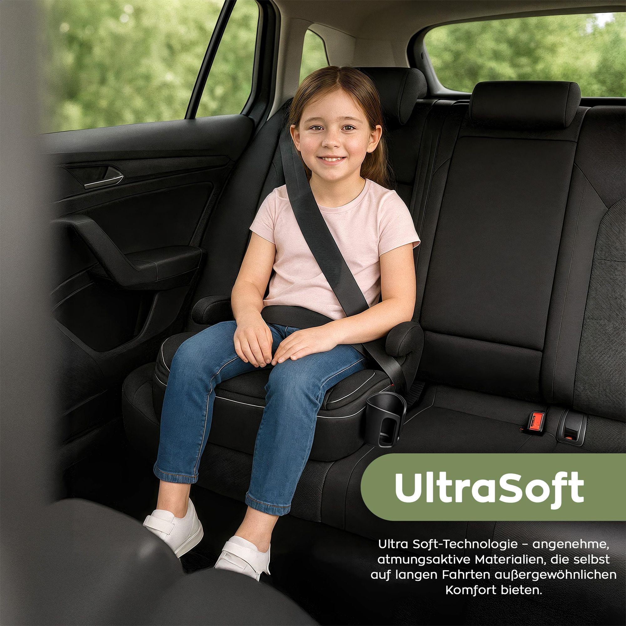Tulano Cabby 30 Autokindersitz Schwarz – i-Size 125–150 cm, ISOFIX + Gurt, Getränkehalter, abnehmbarer Bezug