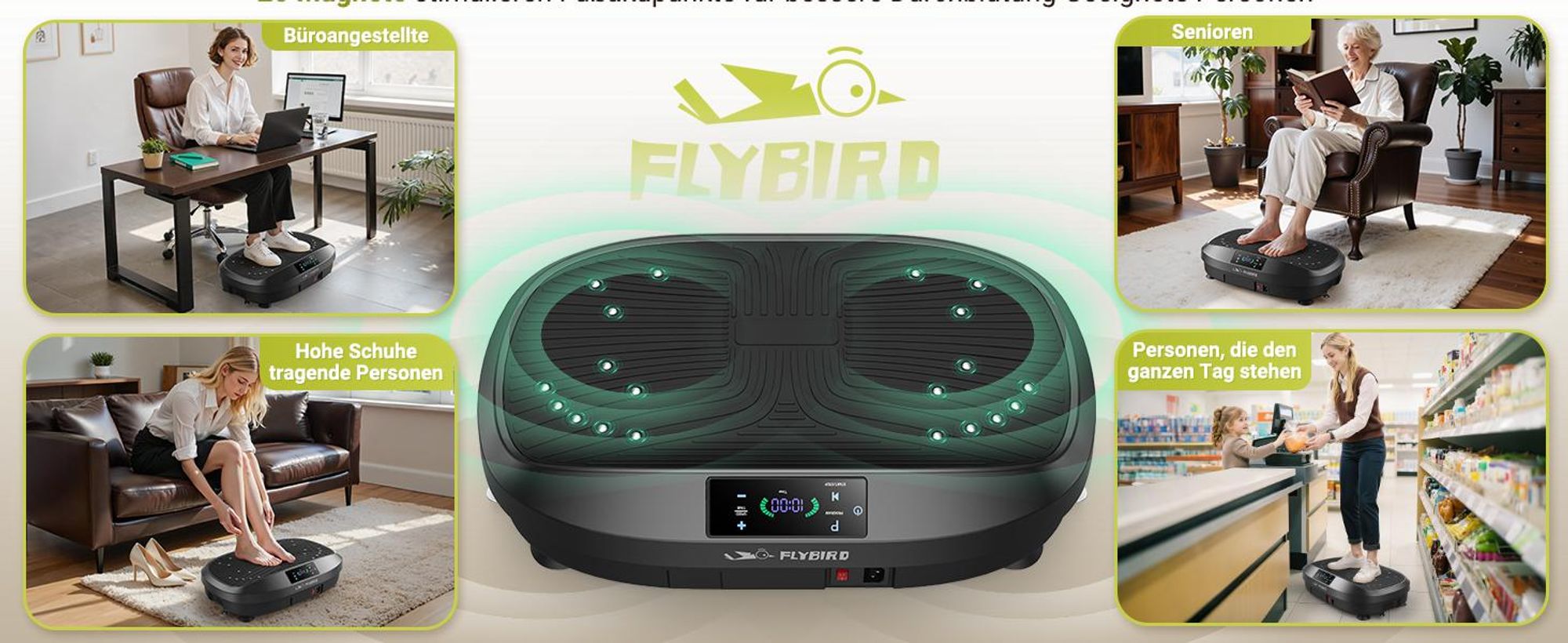 FLYBIRD Vibrationsplatte,120 Leistungsstarke einstellbare Geschwindigkeiten mit 150KG Tragkraft
