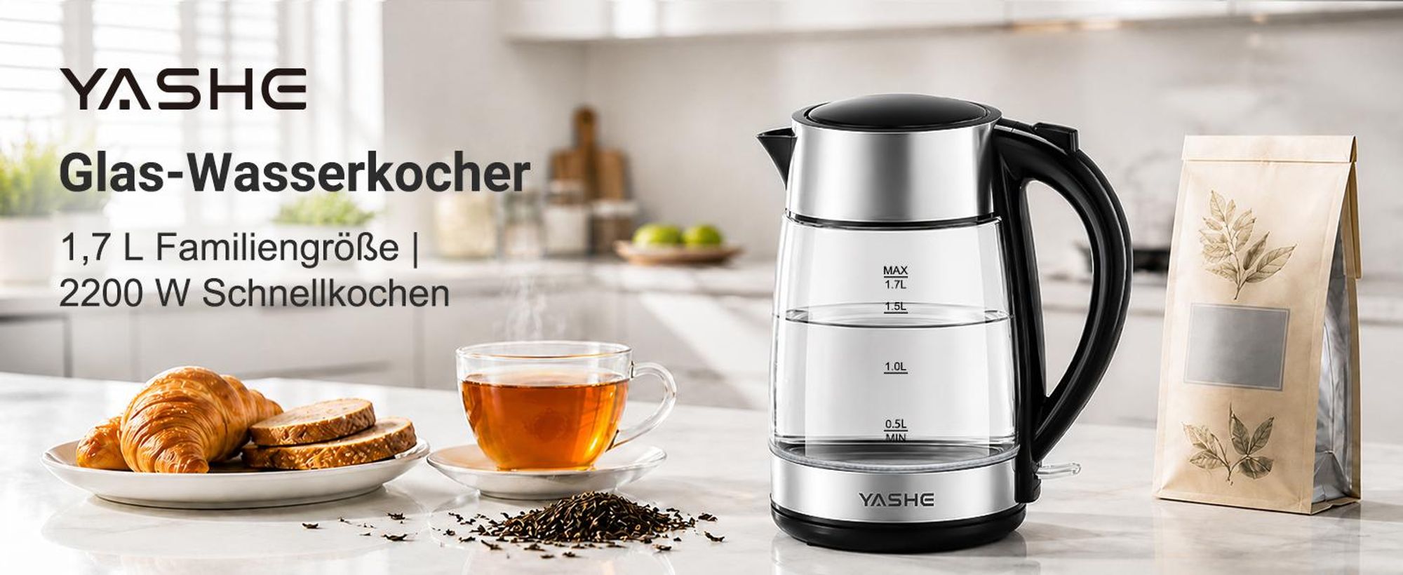 YASHE Wasserkocher Glas 1,7L 2200W mit Schnellkochfunktion und LED-Licht