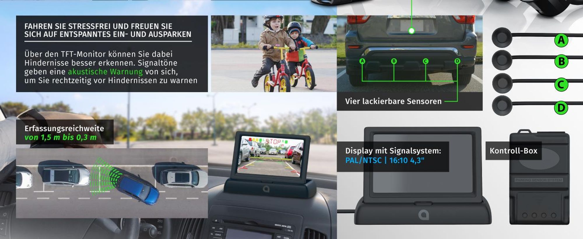 Aplic Einparkhilfe mit Rückfahrkamera und 4,3 Zoll Monitor, Erfassungsreichweite und Bauteile
