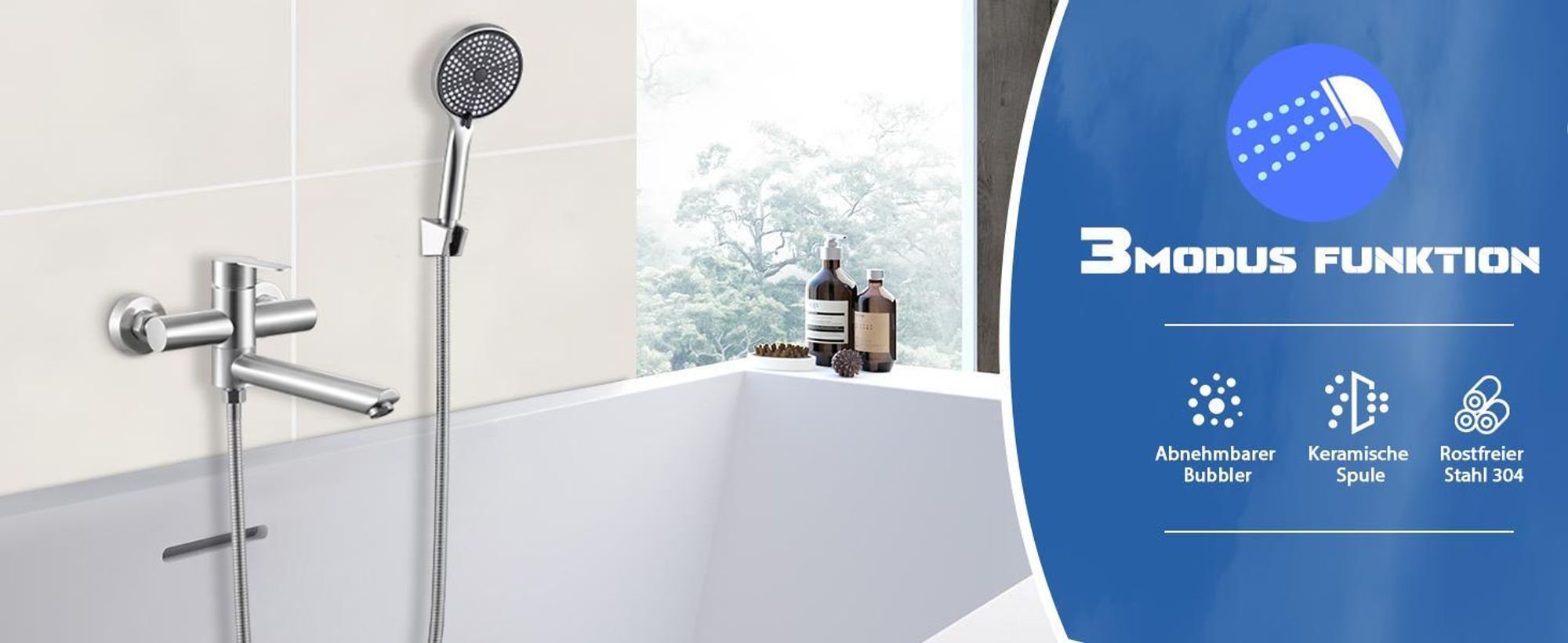 ZMH Wannenarmatur mit 3 Funktionen Handbrause  Badewannenarmatur Nickel Klassisch Set Amaturen Wasserhahn für Badewanne Bad