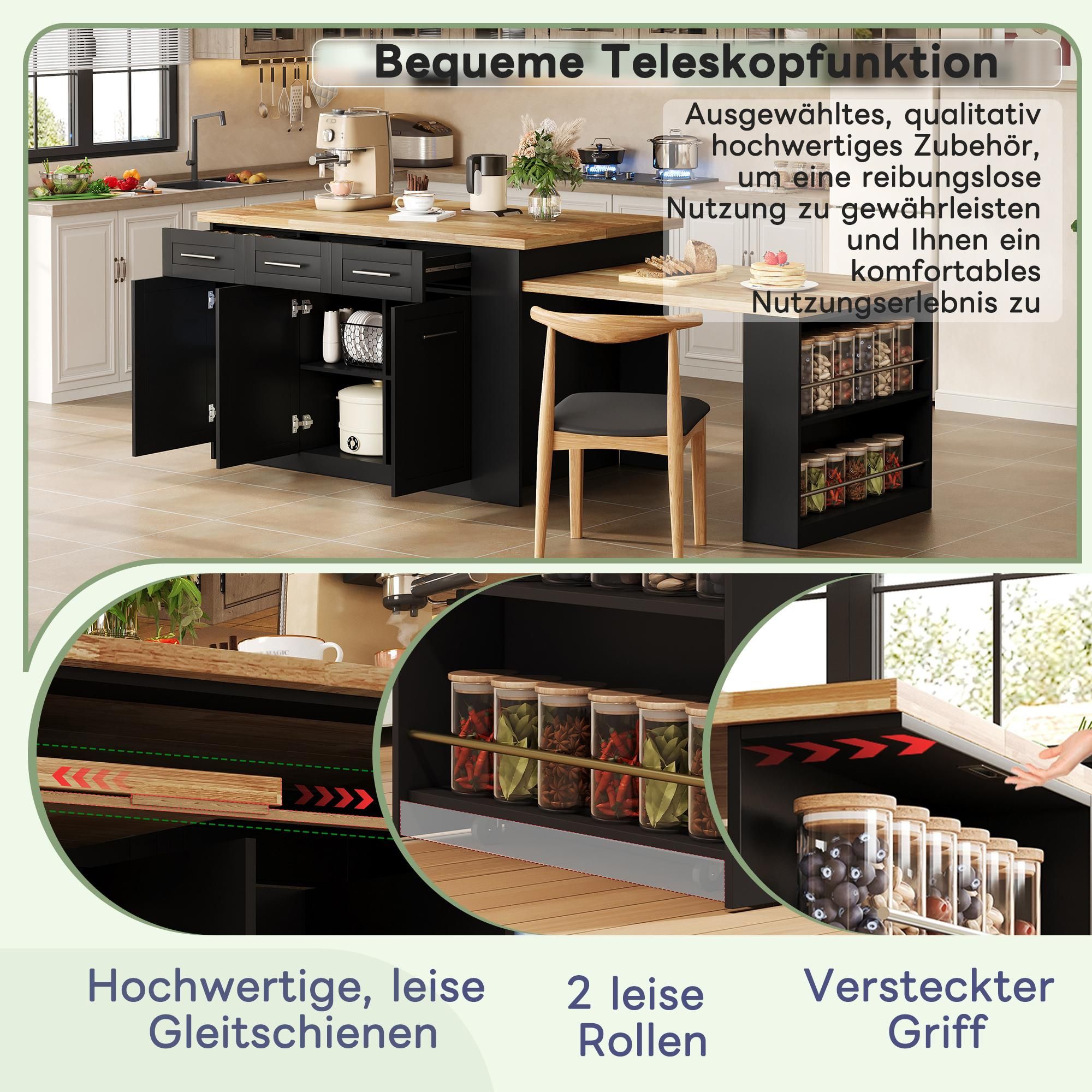 Flieks Kücheninsel mit ausziehbarer Esstisch, Holzarbeitsplatte, Küchenschrank mit viel Stauraum, Naturbelassen