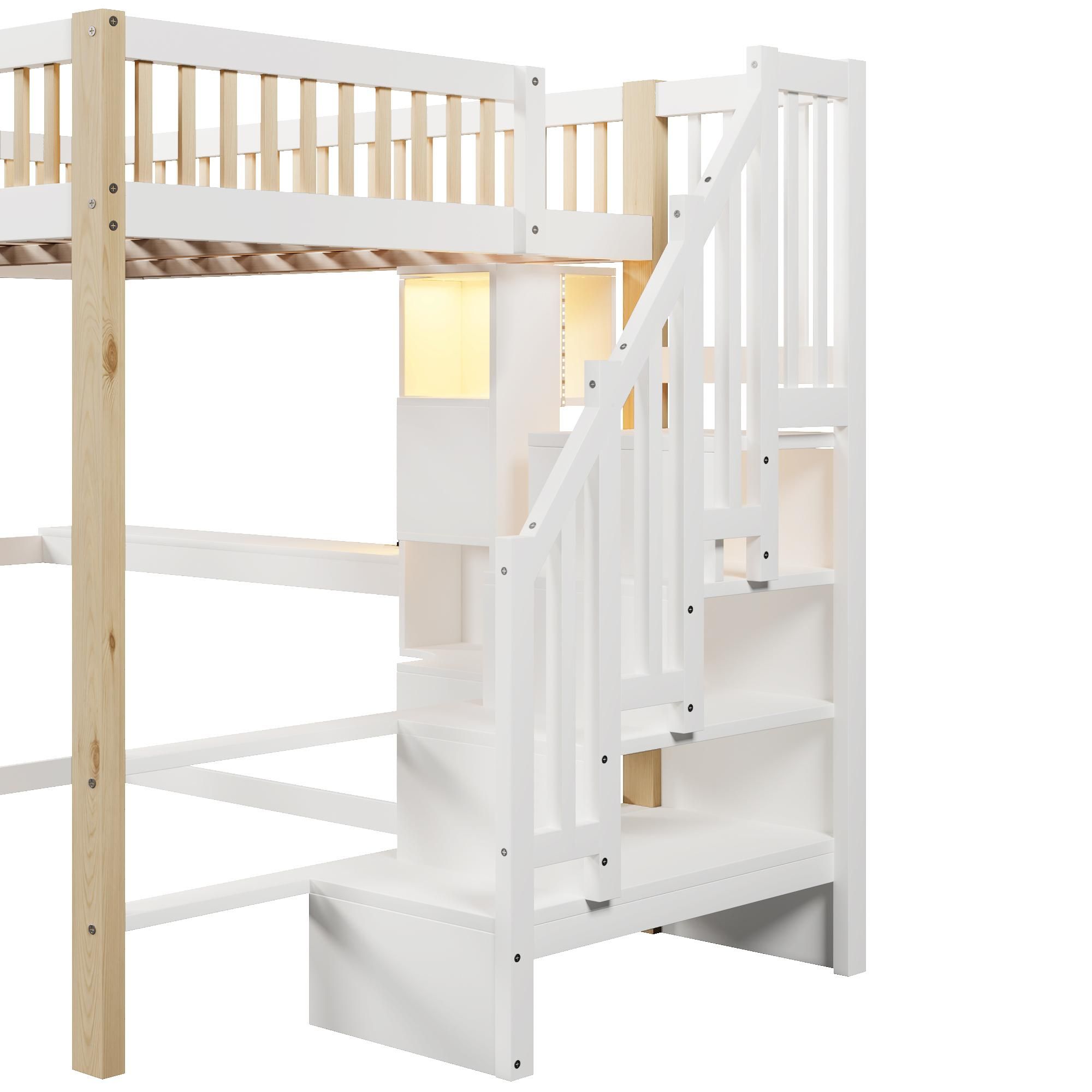 Flieks Etagenbett 140x200cm mit Schreibtisch und Ladefunktion, Kinderbett Hausbett mit Regal, Hochbett Doppelbett mit Led, Stockbett Naturbelassen