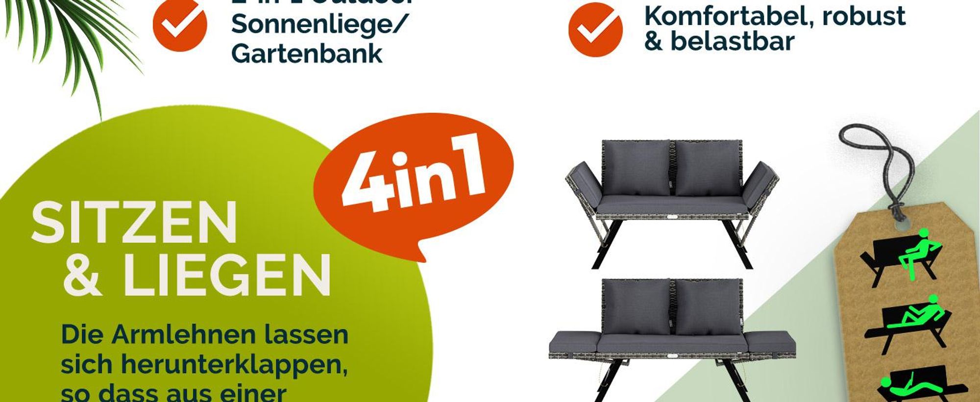 CASARIA® Polyrattan Gartenbank mit Liegefunktion Grau