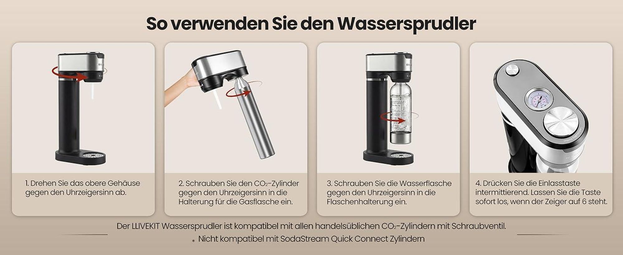 LLIVEKIT Wassersprudler, mit 4 einstellbaren Sprudelstufen, Schwarz