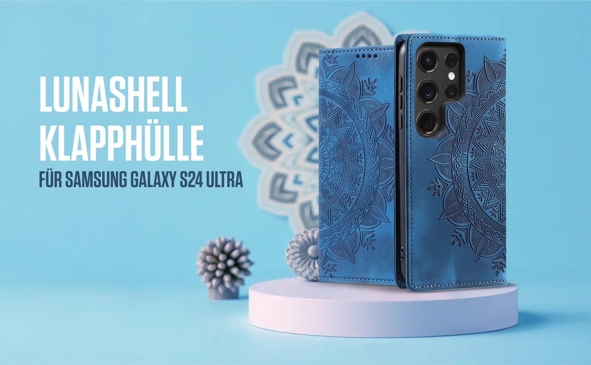 Blaue Klapphülle für Samsung Galaxy S24 Ultra mit feiner Mandala Prägung