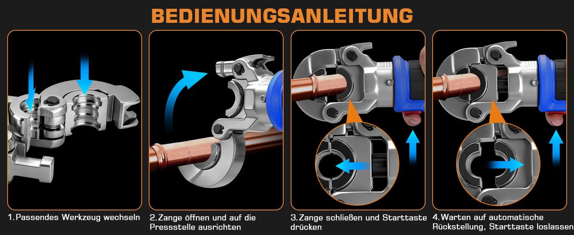 Akku Presszange V-Kontur TH-Kontur, 2x5000mAh Akkus, LCD-Display, Hilfsgurt, Ein-Mann-Bedienung, Crimpzange für Kupferrohre Edelstahlrohre Verbundrohr