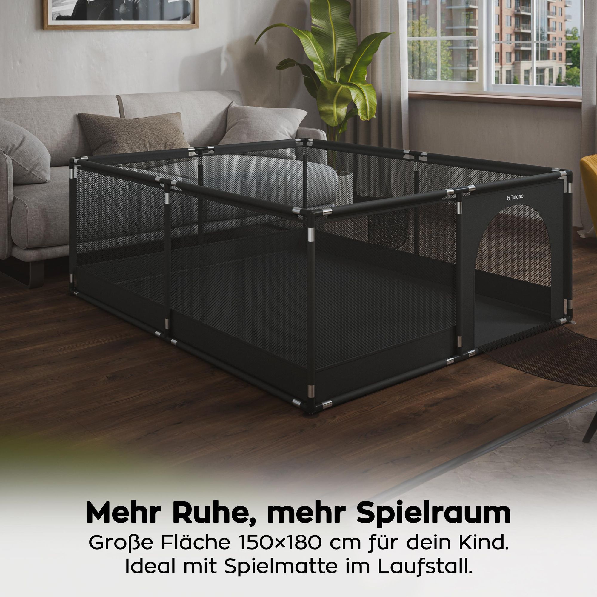 Tulano Cozy 25 Baby Laufstall 150x180 cm, faltbar, mit Reißverschluss, Metallrahmen, Netzseiten, BPA-frei, für Babys 6–36 Monate, Graphit