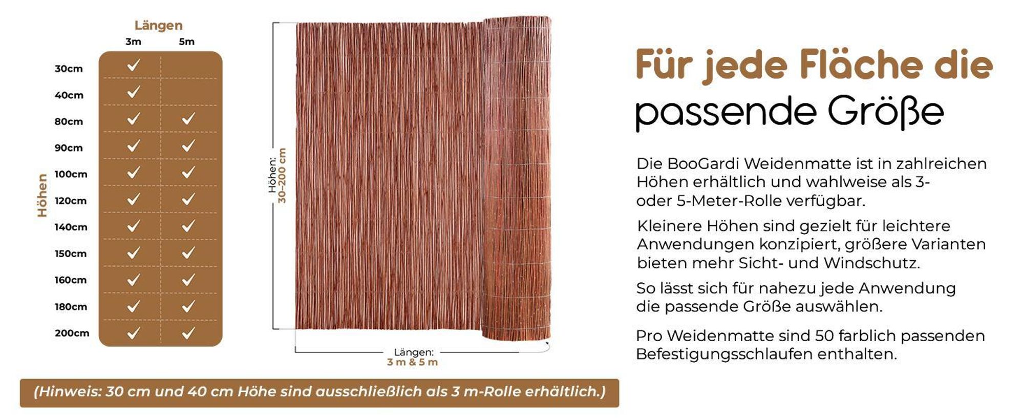 Weidenmatte 160x500 cm mit Kabelbindern · 18 Größen · Sichtschutzmatte für Garten, Balkon und Terrasse · Balkonsichtschutz