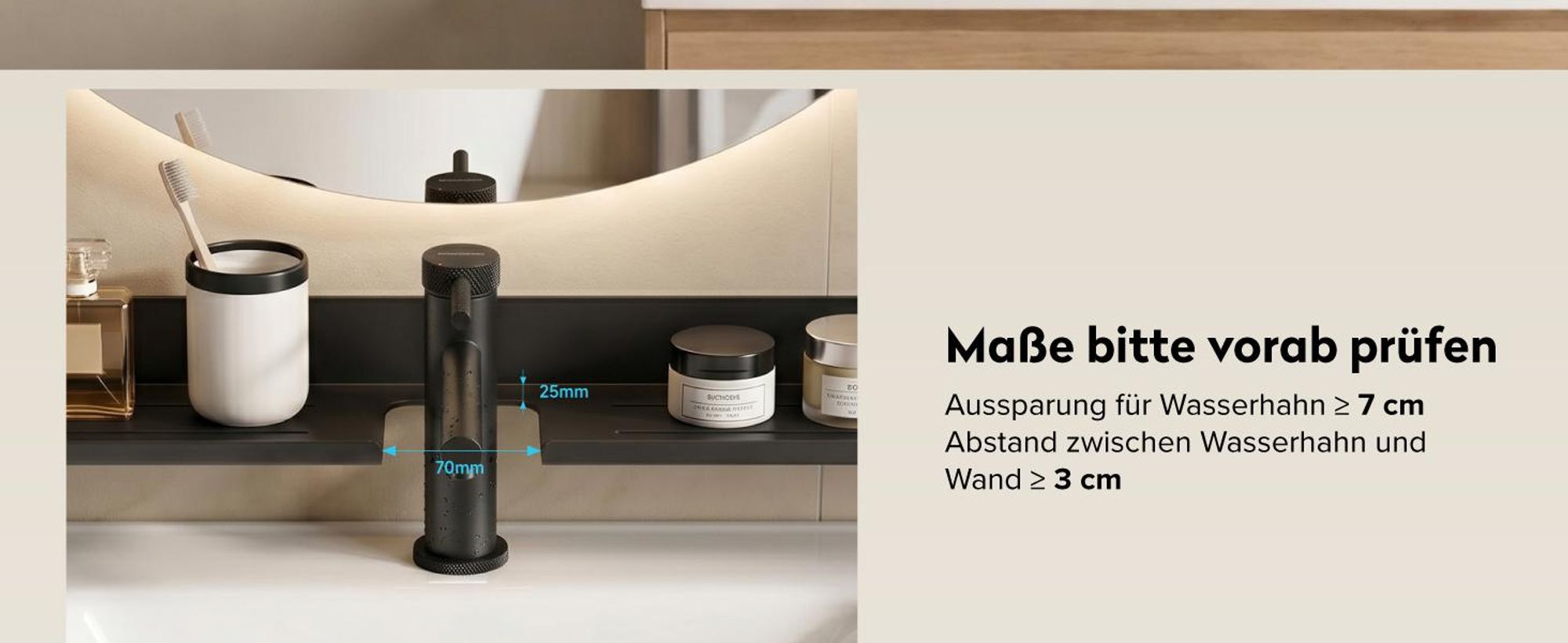 doporro Waschbecken Ablage 60 cm über dem Wasserhahn, Badezimmer Regal Montage mit oder ohne Bohren, Waschbecken-Wasserhahn-Organizer,  Grau Reglo-17