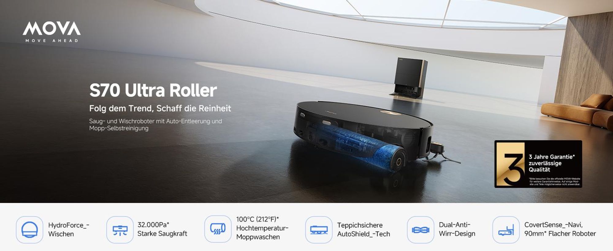 MOVA S70 Ultra Roller Saugroboter, 32.000 Pa, HydroForce-Wischen, All-in-One-Station, 100°C Moppwäsche, 90 mm flach