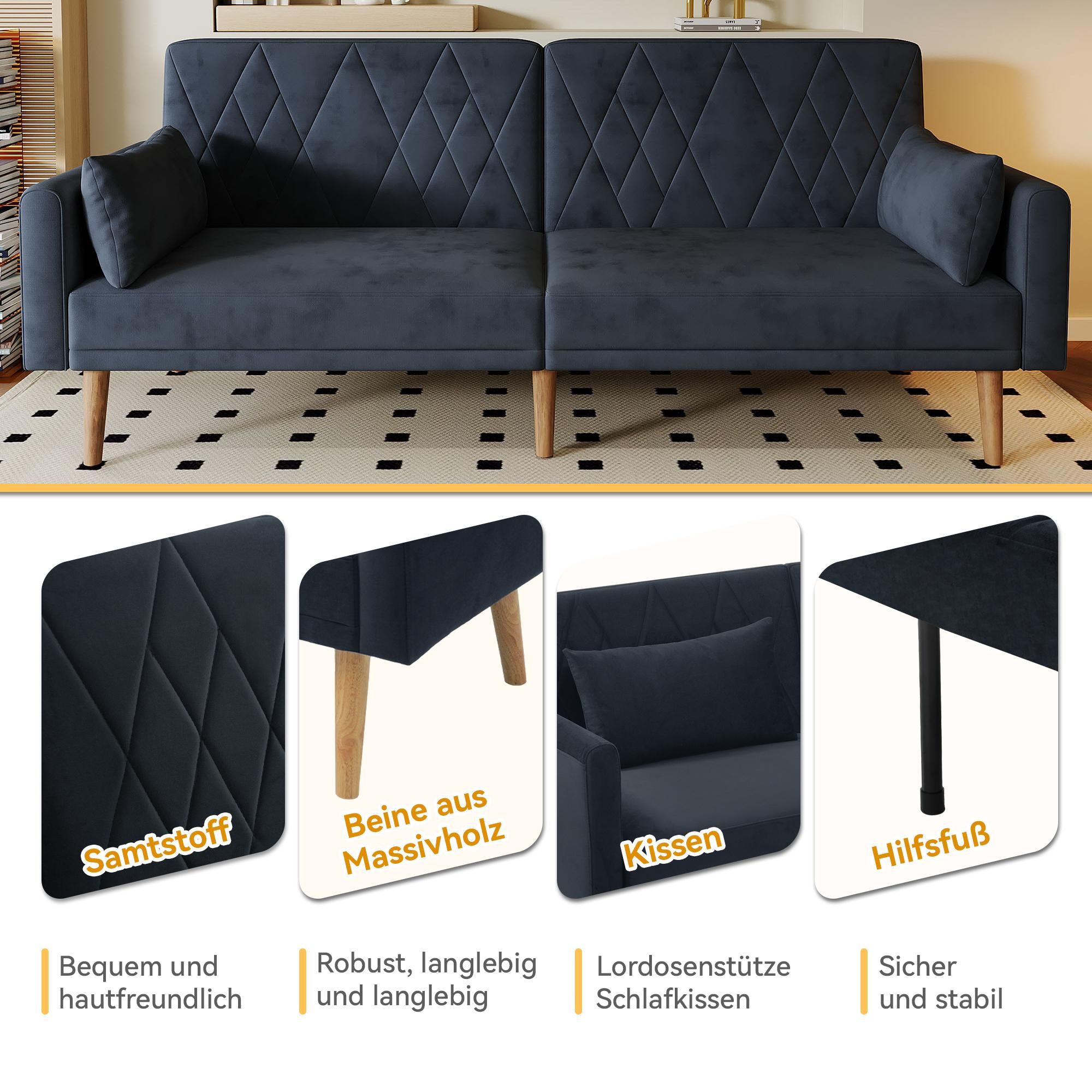 Merax Schlafsofa, Zweisitzer Sofa mit Schlaffunktion, verstellbare Rückenlehne & Armlehnen, 2 Kissen, Couch, Wohnzimmersofa, Samt, Dunkelgrau