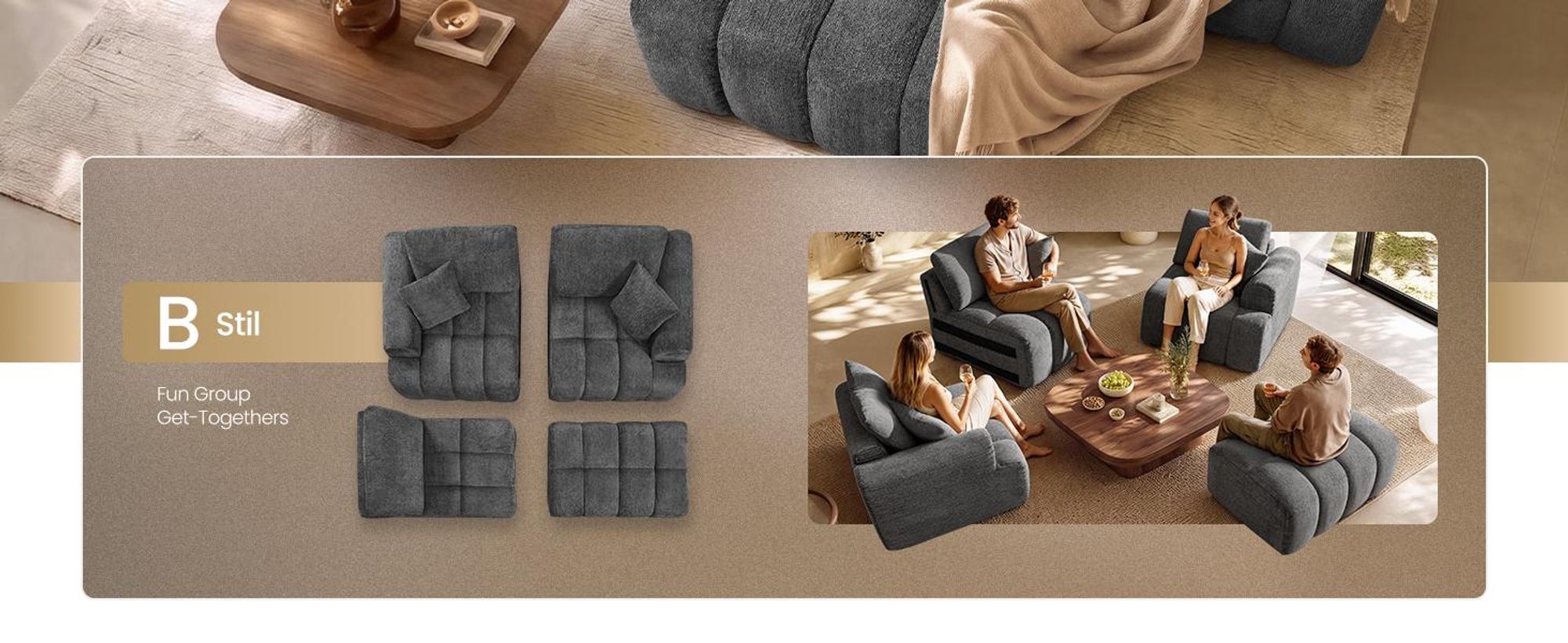 VASAGLE Modulares Sofa und Hocker Set, Chenille, Grau