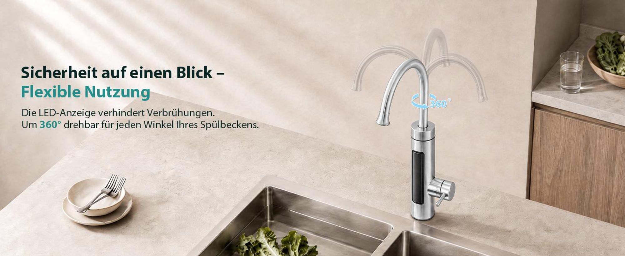Elektrische Küchenarmatur mit Durchlauferhitzer, Smart Heater Wasserhahn 360° drehbar, Edelstahl Wasserhahn Küche mit LED Temperaturanzeige, Elektrisch Durchlauferhitzer für Bad/Küche