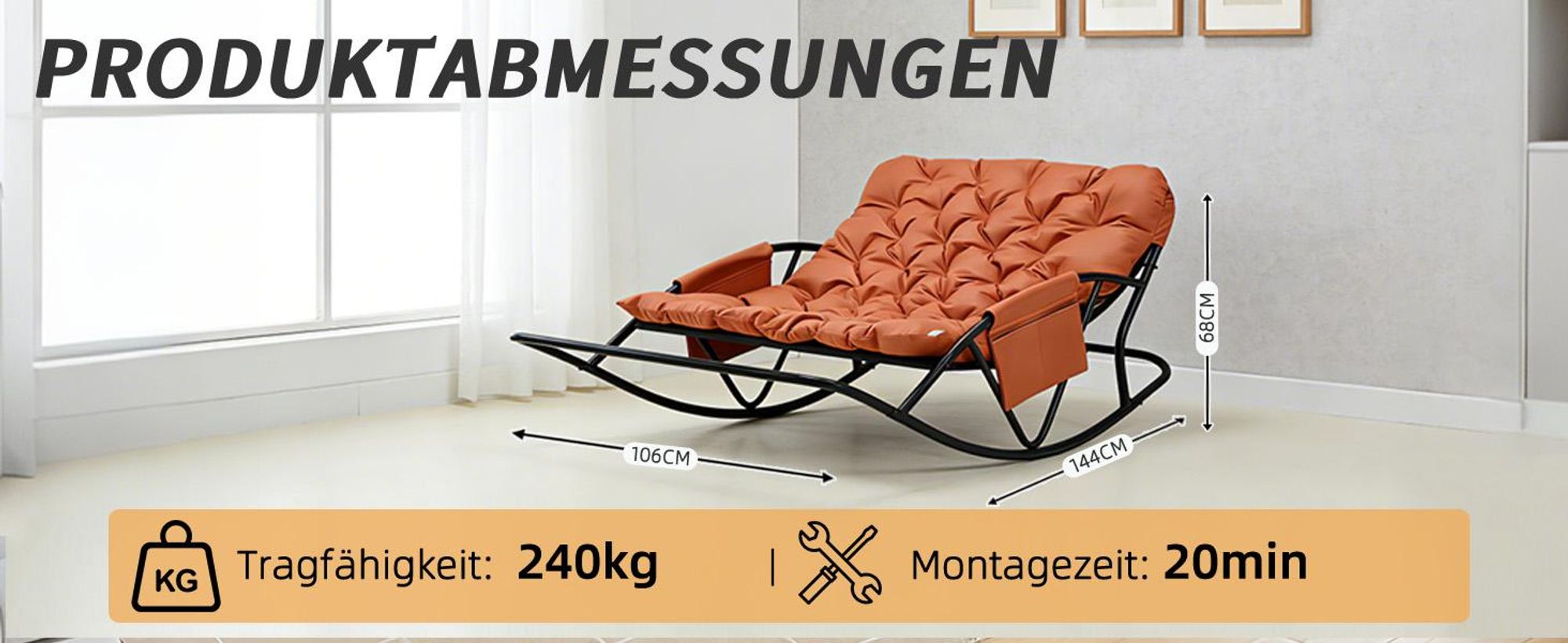 Outdoor-Papasan-Schaukelstuhl für zwei Personen mit Kissen und Fußhocker, für Schlafzimmer, Salon, Terrasse, Garten, Balkon, 240 kg, technischer Stoff