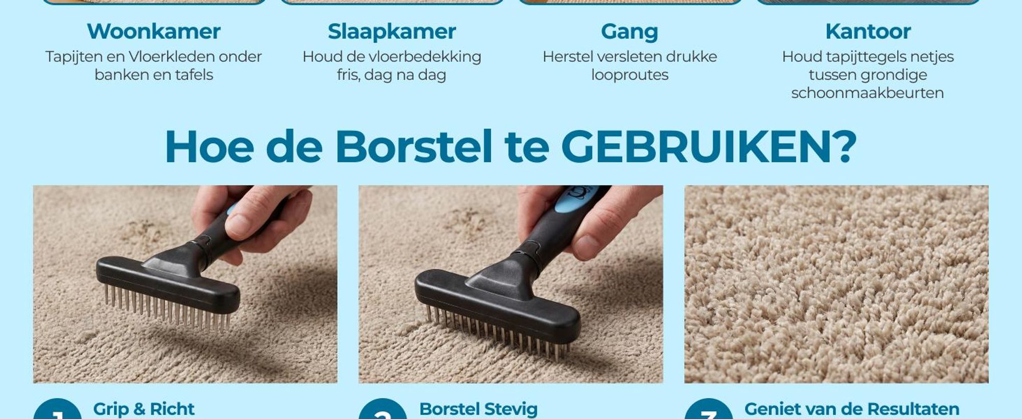 Glissimo - Tapijt Borstel - Vezels losmaken - Ook geschikt voor huisdieren - tapijt herstellen - Geplet tapijt herstellen - Ergonomisch