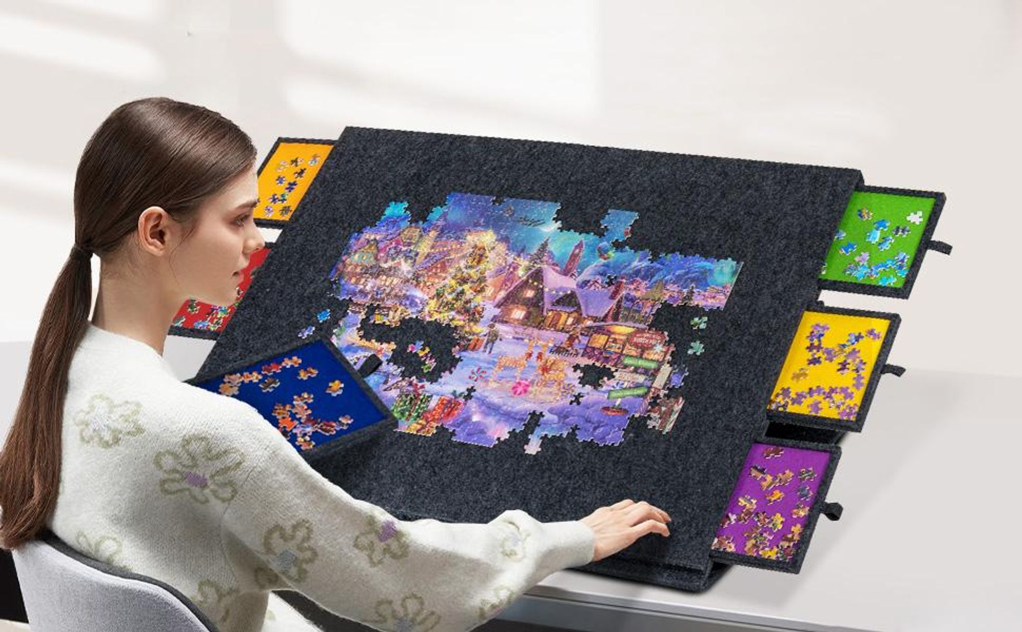 Puzzlebrett, Puzzletisch, Puzzle Plattform, 2-in-1 Puzzleständer & Abdeckung, mit 6 Schubladen, Tragbare Puzzle-Aufbewahrung für 1000 Teile