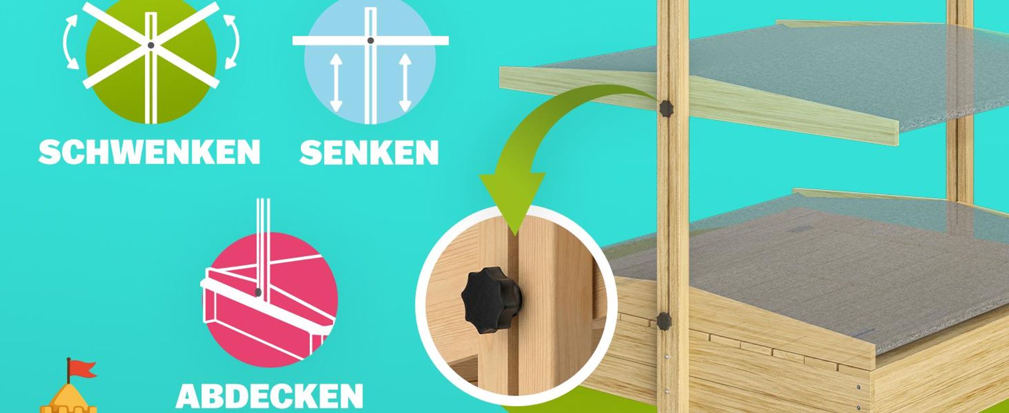 SPIELWERK® Sandkasten Toni Sonnendach Sitzbank 120x120x120cm Naturholz Fichtenholz UV-Schutz Sandbox UV50+ Kantenschutz Bodenvlies Outdoor Kinder