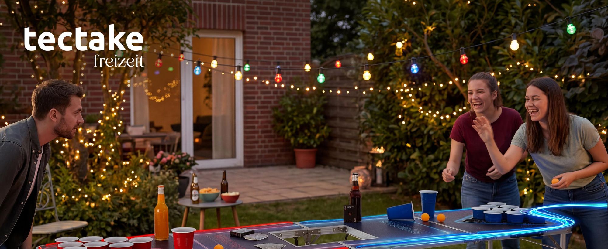 tectake® Aluminium Bierpongtisch BeerWars II mit Eisfach, Becherlöchern, LED-Beleuchtung inklusive 100 Bechern, 6 Bällen und Kartentrinkspiel