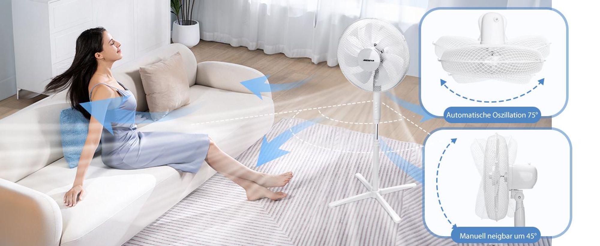 Aigostar - Standventilator, 3 Geschwindigkeiten, 7 Klingen, 41 cm Durchmesser, leise, 75° Oszillation, Weiß