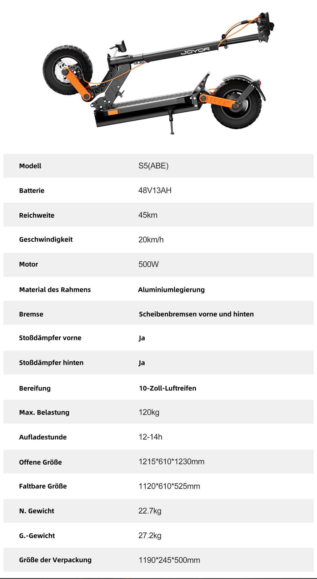 JOYOR S5 PRO ABE- Faltbar Elektroroller - 500W Motor 48V26AH Akku 10 Zoll Reifen - Schwarz