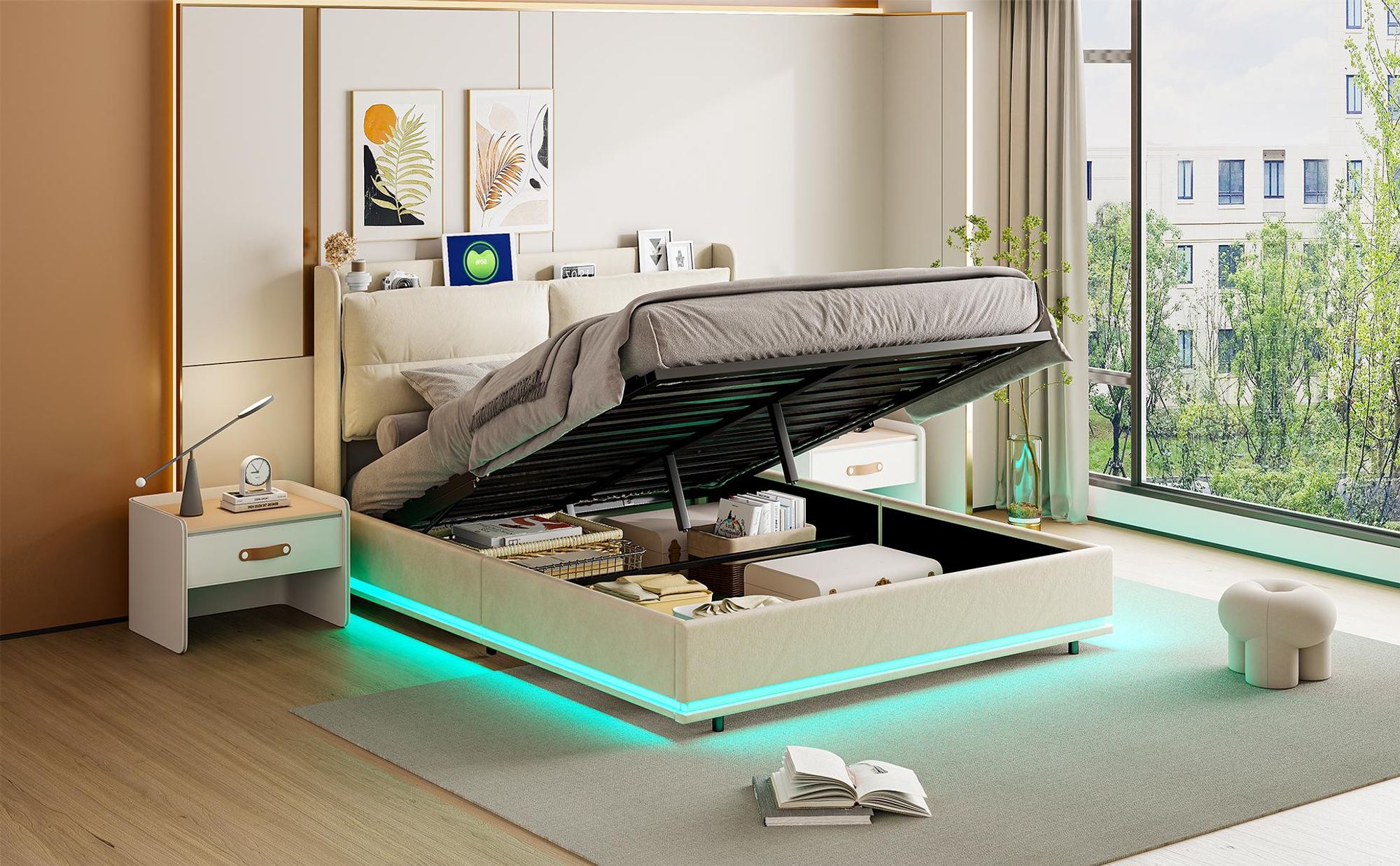 INONEFT Boxspringbett 160x200cm,hydraulisches Polsterbett mit LED und USB/C ,Doppelbett Holzbett Jugendbett, Samt, Beige.