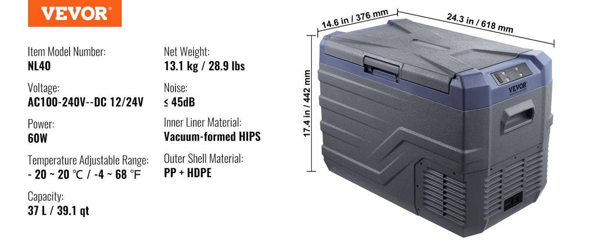 VEVOR Autokühlschrank, 12-Volt-Autokühlschrank, tragbarer 37-Liter-Einzelzonen-Gefrierschrank mit eingebautem Licht, -20 °C bis 20 °C, AC-Kompressorkühler für Outdoor, Camping, Wohnmobil