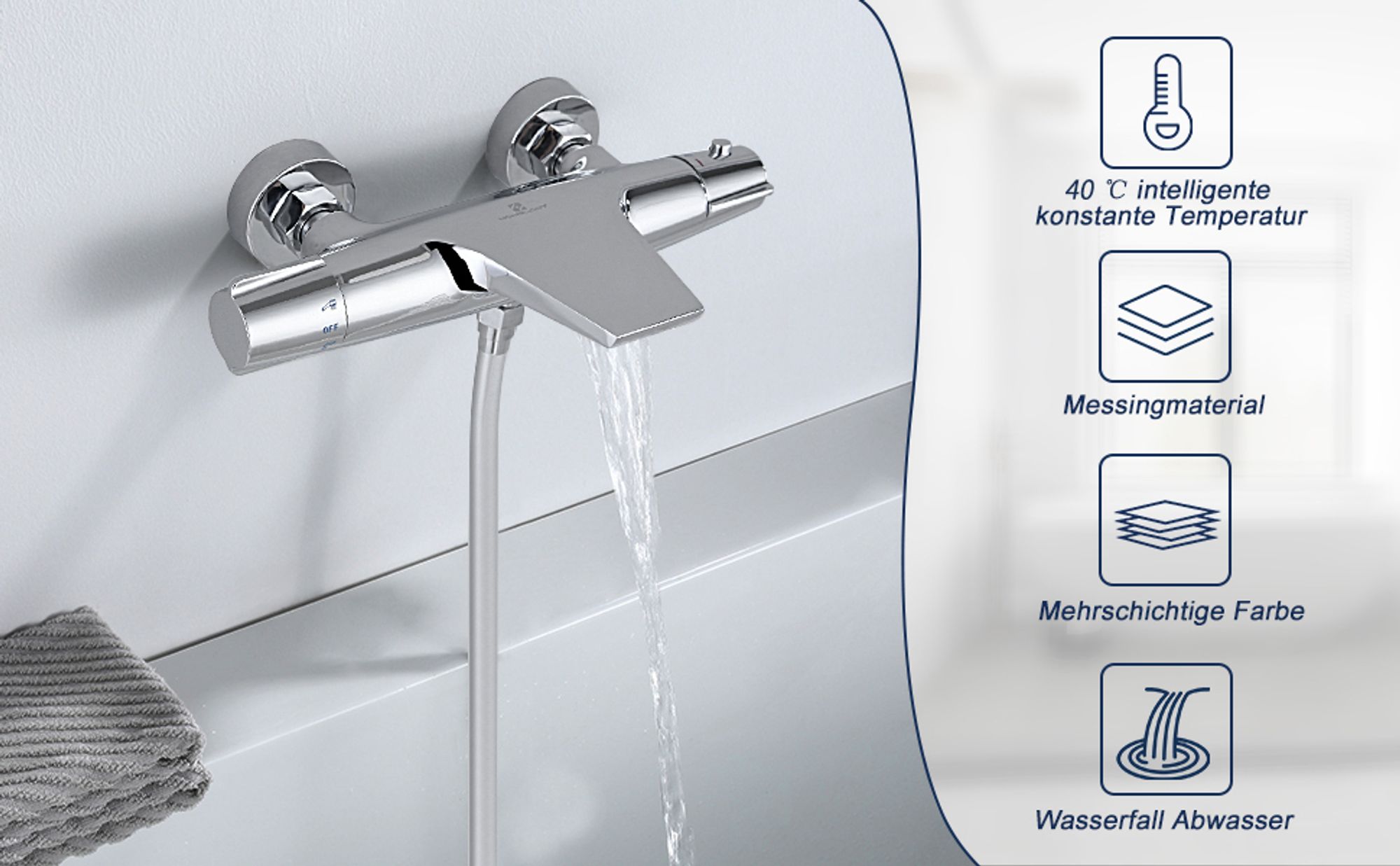 Wannenarmatur Thermostat,Verchromt Badewannenarmatur Wasserfall,Wannenbatterie Duscharmatur für Dusche,Wannenthermostat Bad,Badewanne Armatur