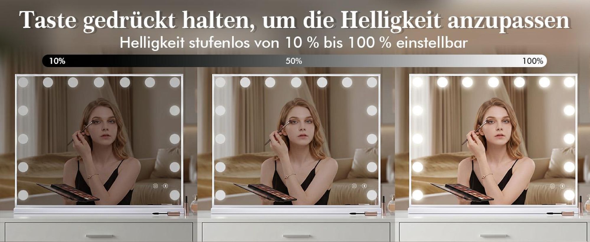 VANITII Hollywood Schminkspiegel 58cm x 46cm mit Beleuchtung 15 Dimmer Leuchten 3 Lichtmodus Bluetooth Kosmetikspiegel für Badzimmer Schminktisch Weiß