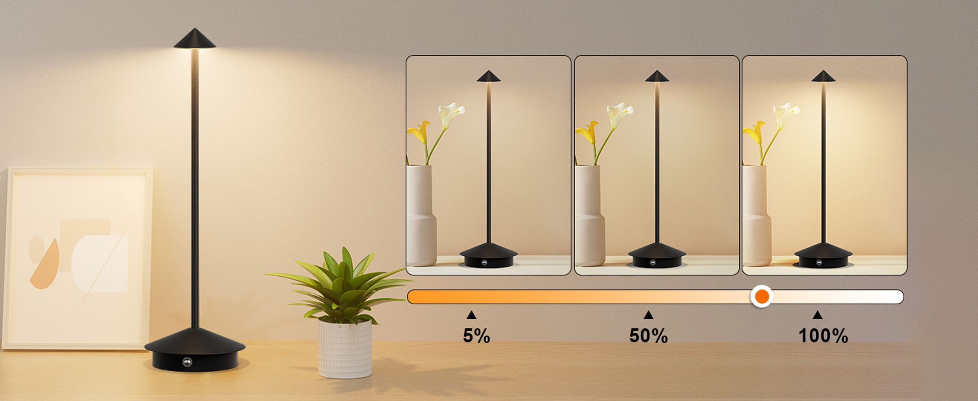 LED Nachttischlampe Kabellose Dimmbare LED Tischleuchte Tischlampe, Stufenloses Dimmen in drei Farben, Tragbare USB Aufladbar kabellose lampe, Schwarz