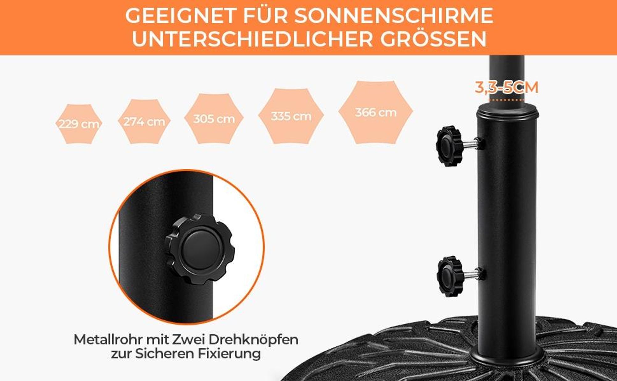 Yaheetech Sonnenschirmständer mit Rollen 20,6 kg, für Schirmstangen von ø34/38/48 mm, für Garten/Balkon/Strand, Schwarz