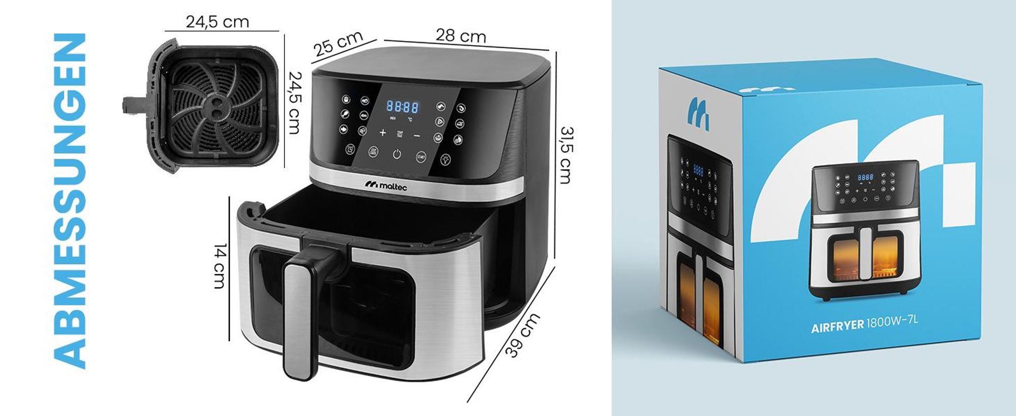 Frytkownica Beztłuszczowa Frytownica Air Fryer Duża 7l Mocna 1800W Okienko MalTec AirFryer1800W-7L