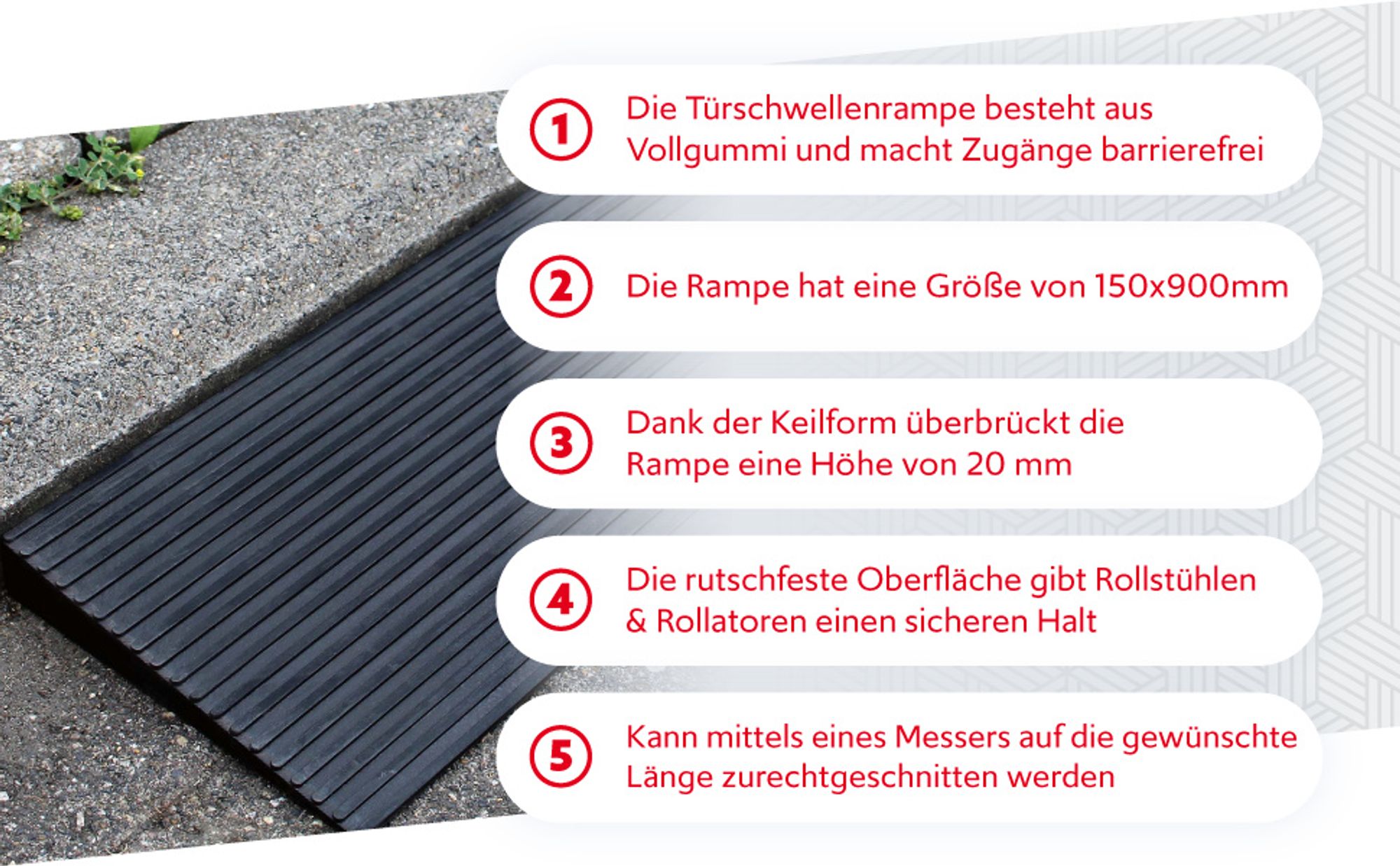 Wiltec Türschwellenrampe 900x150x20 mm für Rollstuhl & Rollator, schwarz, Rollstuhlrampe aus Vollgummi, rutschfeste Oberfläche, Bordsteinrampe kürzbar