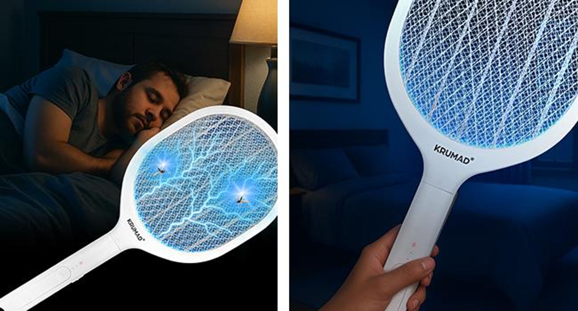 KRUMAD Elektrische Fliegenklatsche 2-in-1 – USB-C aufladbar, LED, 3-lagiges Schutznetz & Standfuß – Insektenvernichter gegen Mücken, Fliegen & Wespen