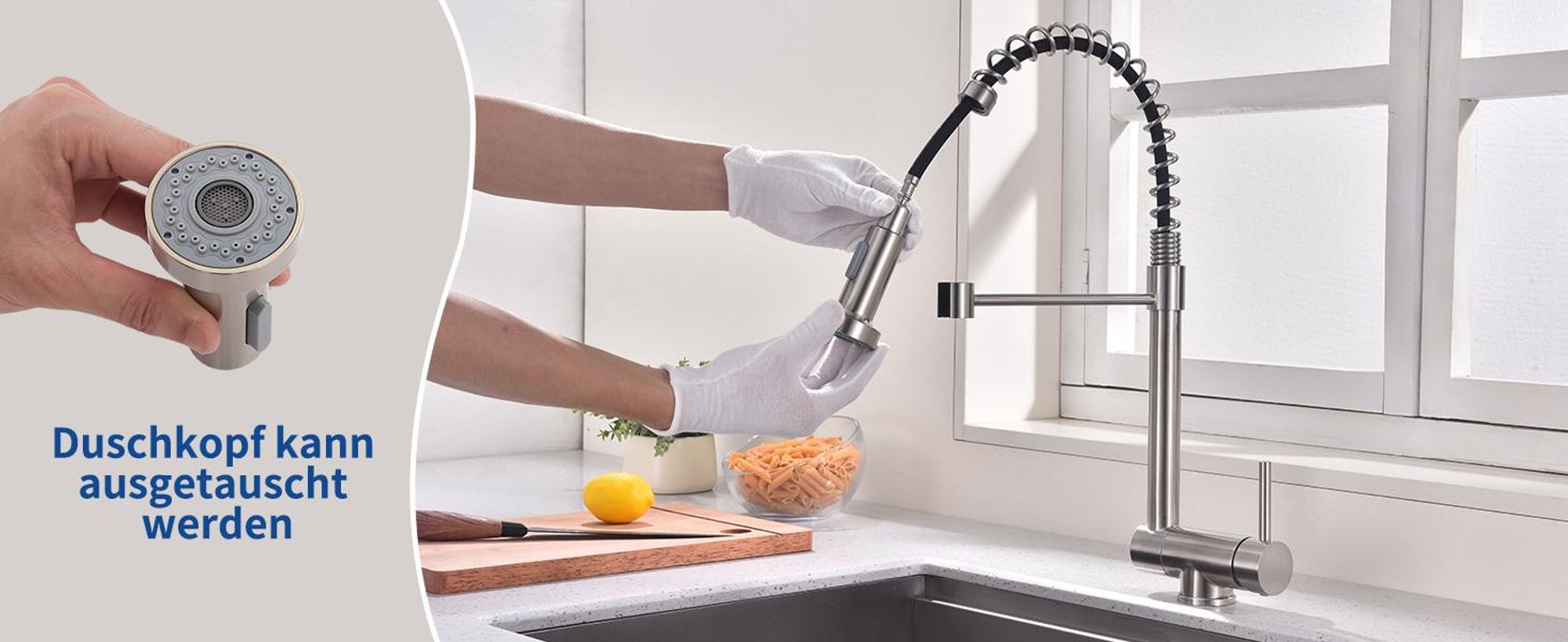 Homelody Vorfenster Küchenarmatur 90° Faltbar 360° Drehbare Hochdruck Edelstahl 304 Wasserhahn Küche mit Brause Ausziehbar 2 Strahlarten Gebürstet