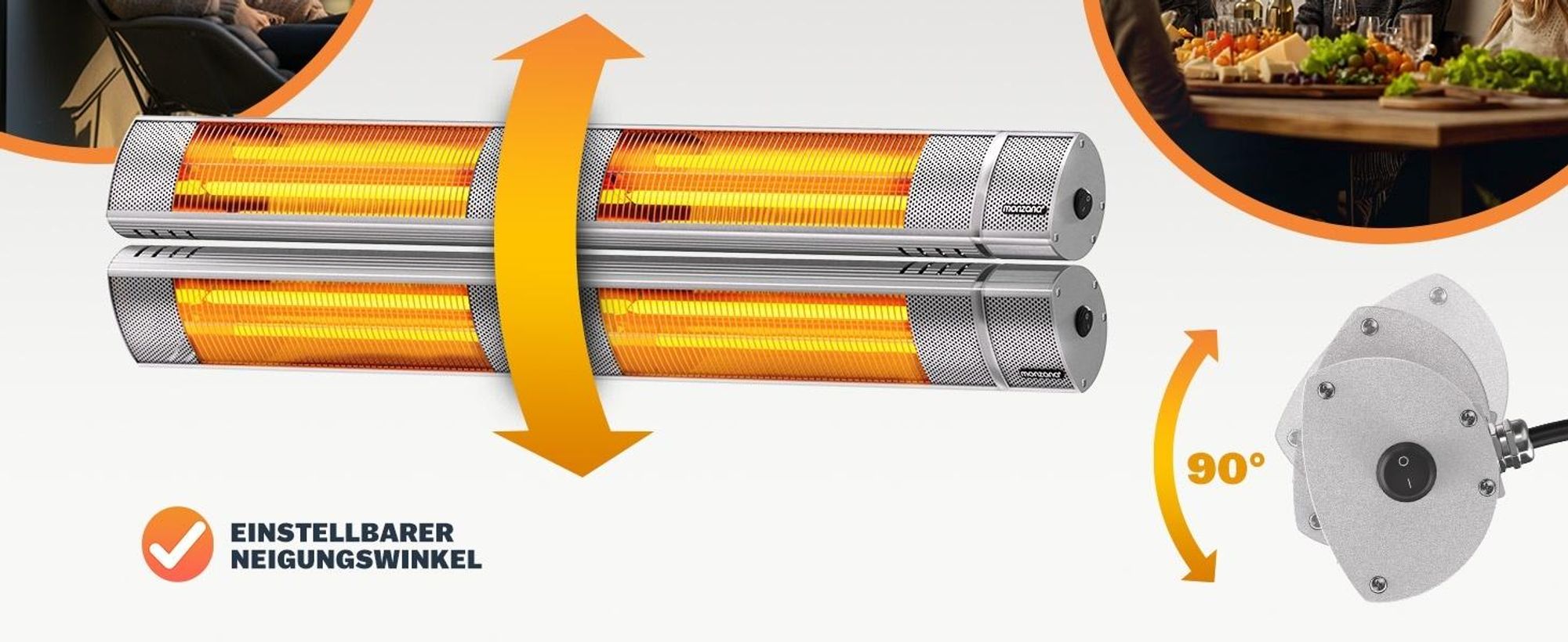MONZANA® Infrarot Heizstrahler Goldröhre 3000W App Steuerung 3 Stufen Fernbedienung Outdoor Wärmestrahler Terrassenheizer Terrassenstrahler Silber
