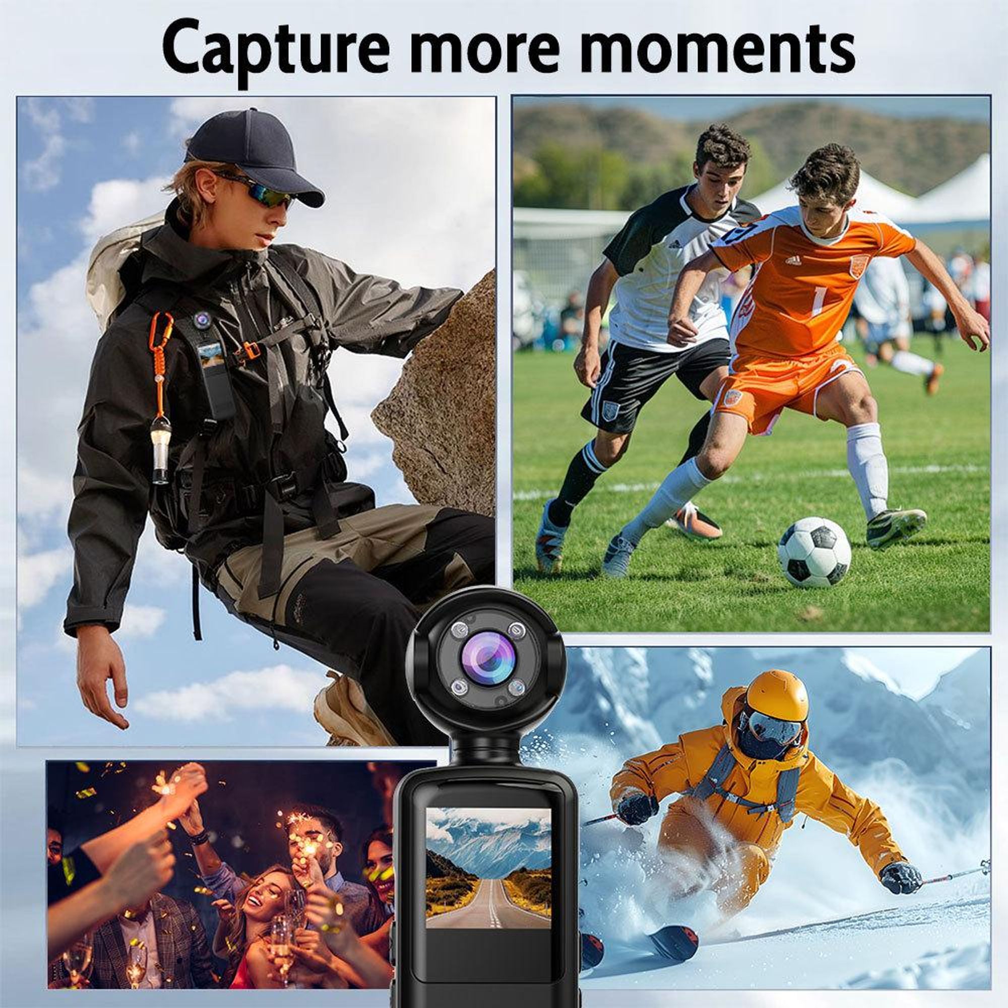 1080p-HD-Actionkamera handgeführte und aufsteckbare kompakte tragbare Taschenkamera mit Nachtsichtfunktion und Bildstabilisierung für Outdoor-Sport