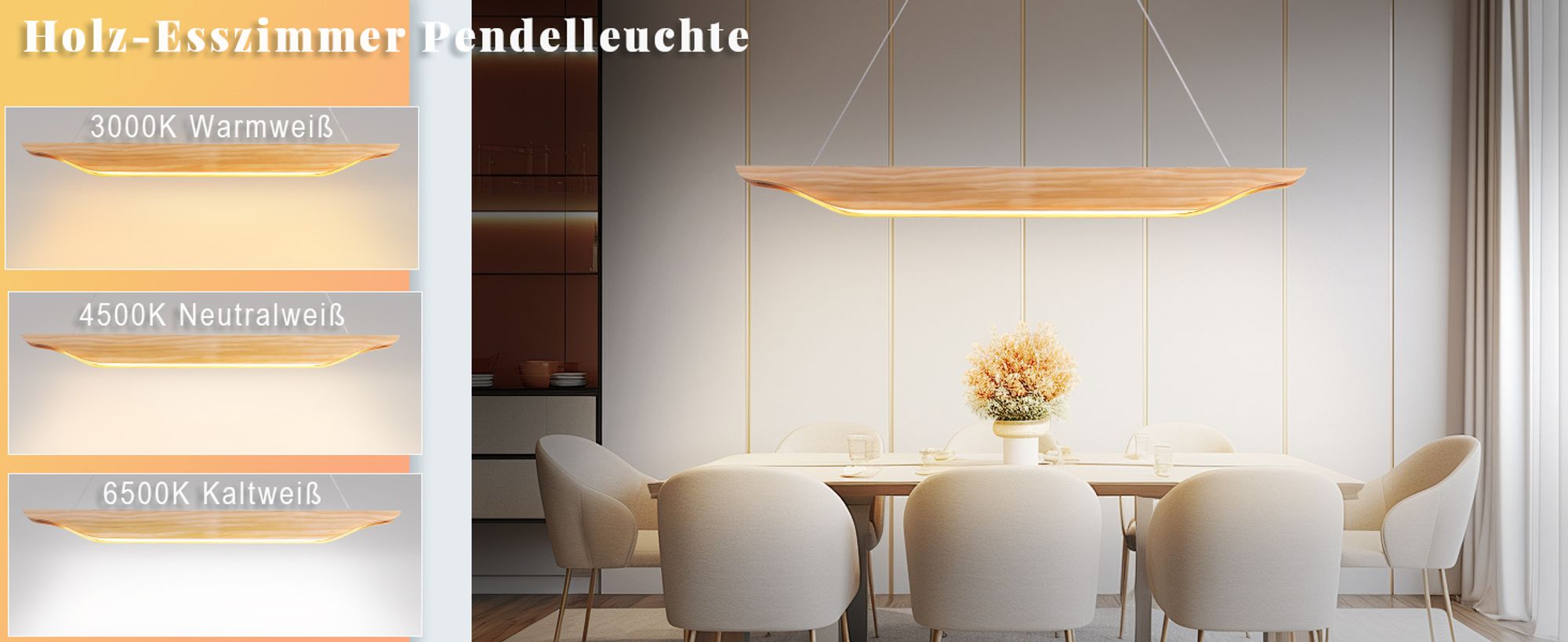 ZMH Pendelleuchte LED Hängelampe Holz Esstisch Hängeleuchte Modern Design Esszimmerlampe 90CM Dimmbar mit Fernbedienung Pendellampe Höhenverstellbar für Esszimmer Wohnzimmer Schlafzimmer Küche