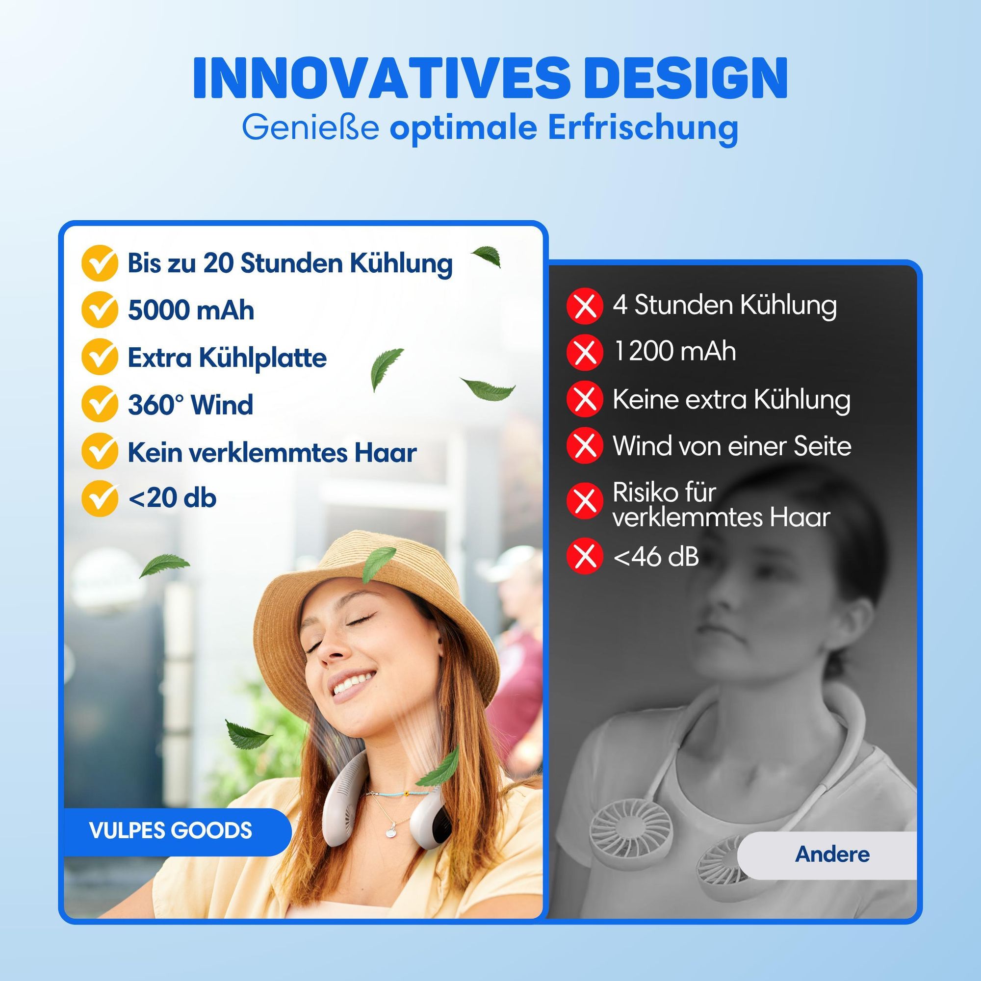 Vulpes Goods Nackenventilator Elite mit Kühlelement – Wiederaufladbar & Geräuschlos – Tragbarer Gesichtsventilator – 3 Stufen mit Extra Kühlung