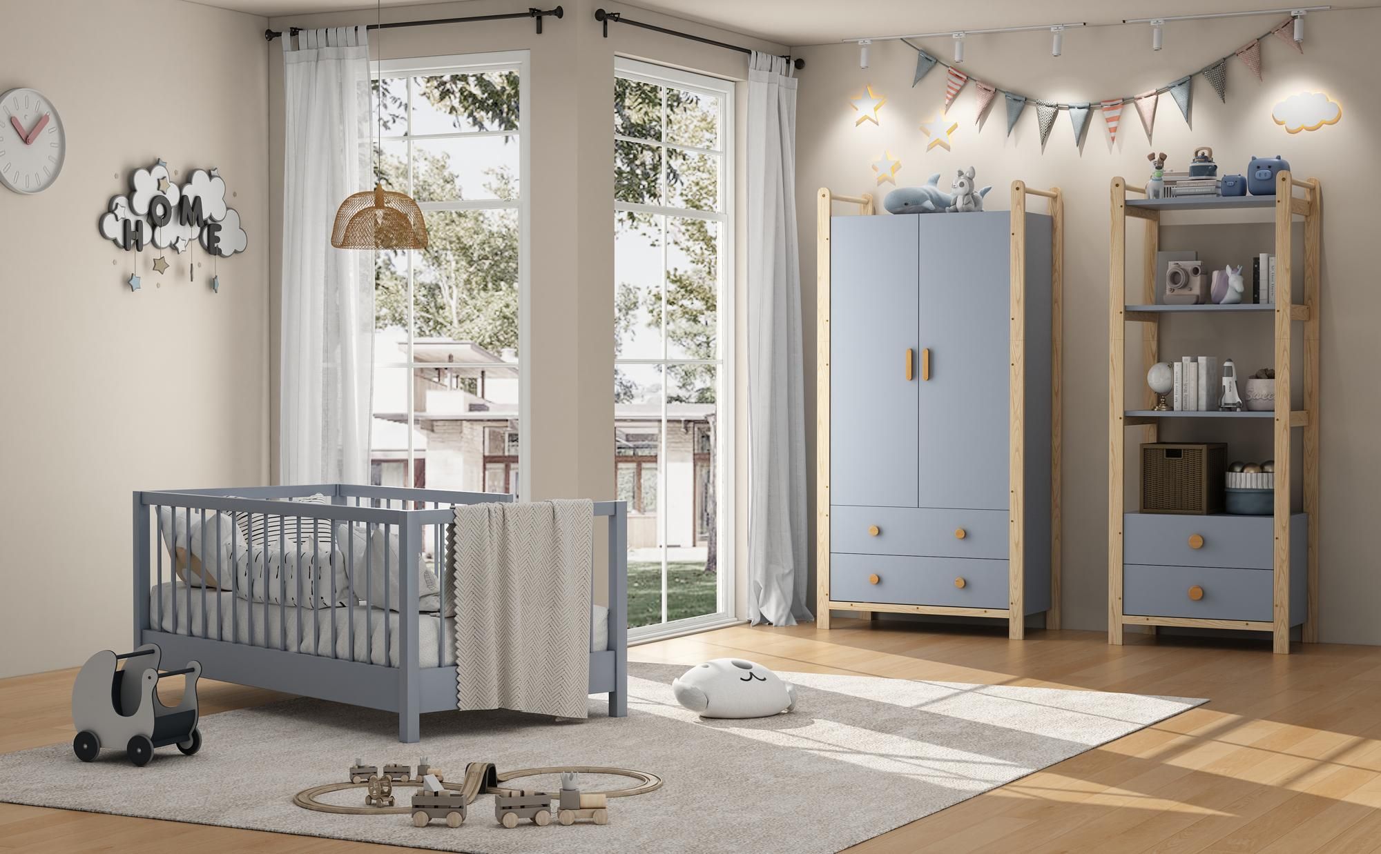 Merax Kinder-Kleiderschrank mit 2 Türen, 2 Schubladen, Kleiderstange, Stauraum für Kinderzimmer, Landhausstil Kleiderschrank, 90×45×180cm, Natur/Blau