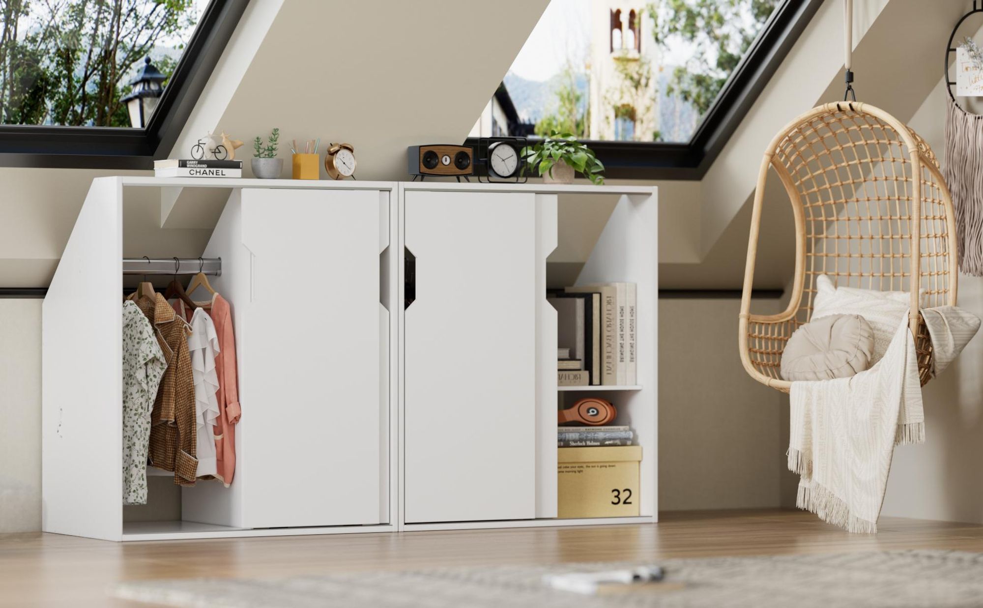 Dachschrägenschrank mit 2 Türen, platzsparendes Schrägregal für Dachschrägen, 100×80×52 cm,Kleiderschrank & Bücherregal Weiß