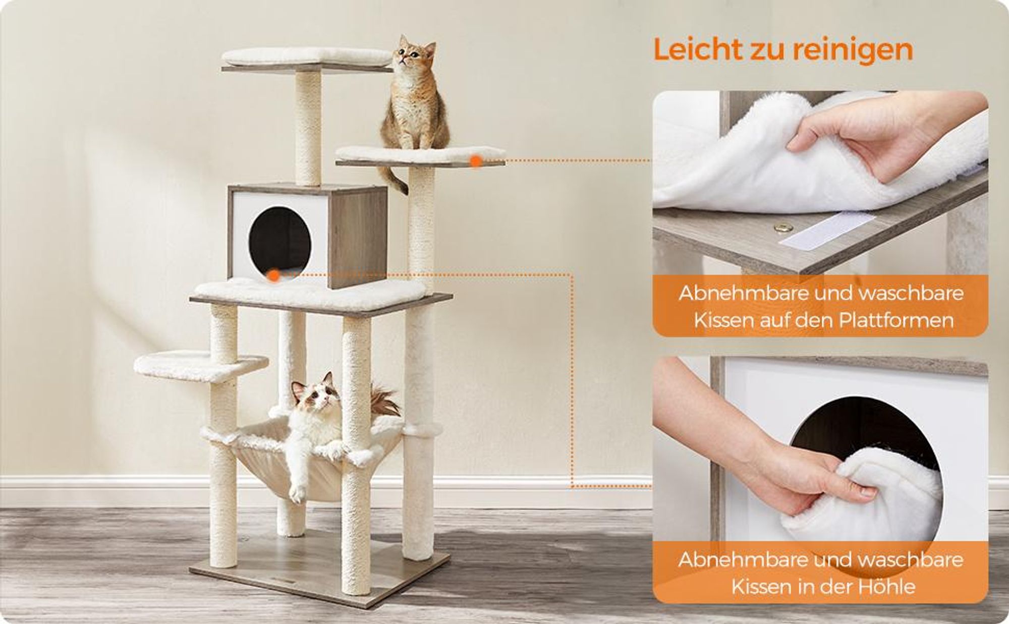 FEANDREA Kratzbaum, 500 g/m² Plüsch, 138cm, leicht reinigen, Stabilität, modern greige