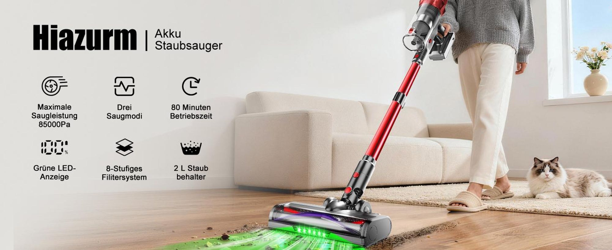 Hiazurm Akku Staubsauger, 85000Pa Staubsauger kabellos mit Touchscreen, HEPAx4, 80Min, Schlauchbürste, Staubsauger, 2L, Anti-Tangle-Staubsauger