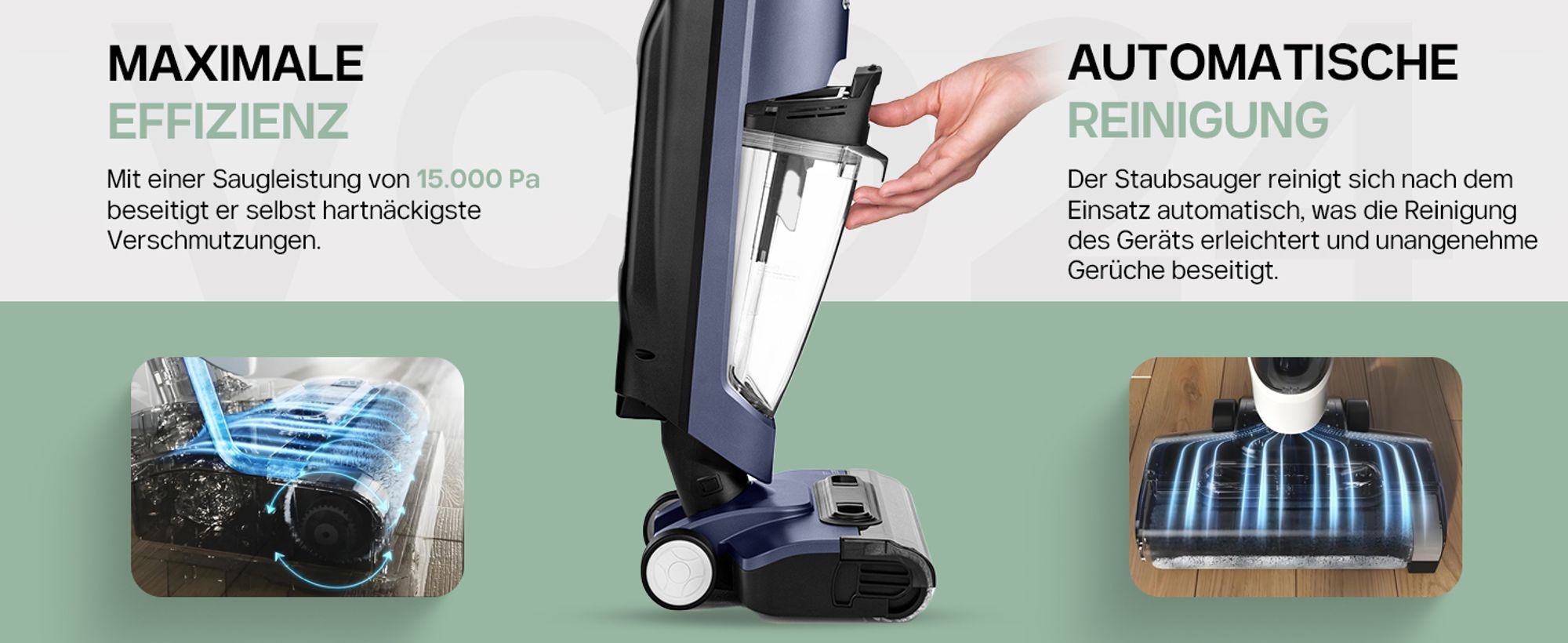4SWISS Clean Booster Smart Staubsauger, Akku-Staubsauger mit Mop Funktion, Nass & Trockensauger mit Dual-Tank, Selbstreinigungsfunktion, LED Anzeige