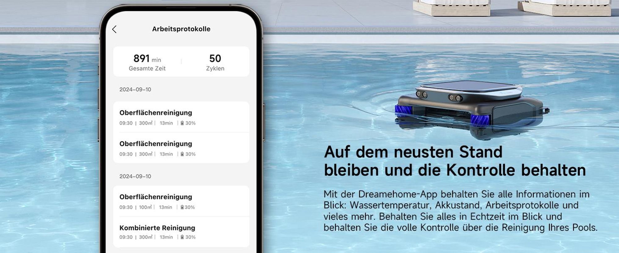 Dreame J1 Roboter-Poolskimmer,Poolroboter PoolSense™,Rundum-360°Reinigung,24/7im Einsatz,Intelligente Routenplanung,intelligente App-Steuerung,Schwarz