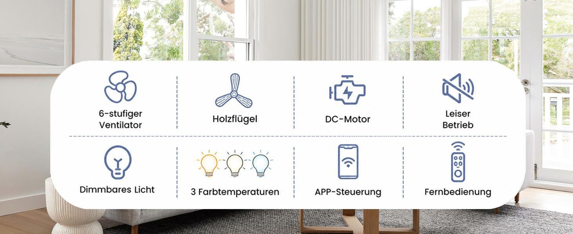132cm Deckenventilator mit Beleuchtung, 3 Holz Flügeln, Reversible DC Motor, 3 Farbtemperatur Dimmbar, 6 Stufen, APP-Steuerung & Fernbedienung