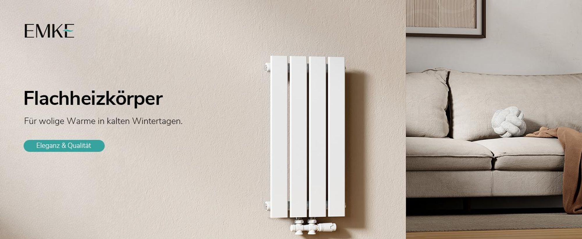 EMKE Heizkörper Flach Kompakt Design Paneelheizkörper Vertikal Einlagig Mittelanschluss 60x30cm 210W Weiß Platzsparend ohne Heizstab