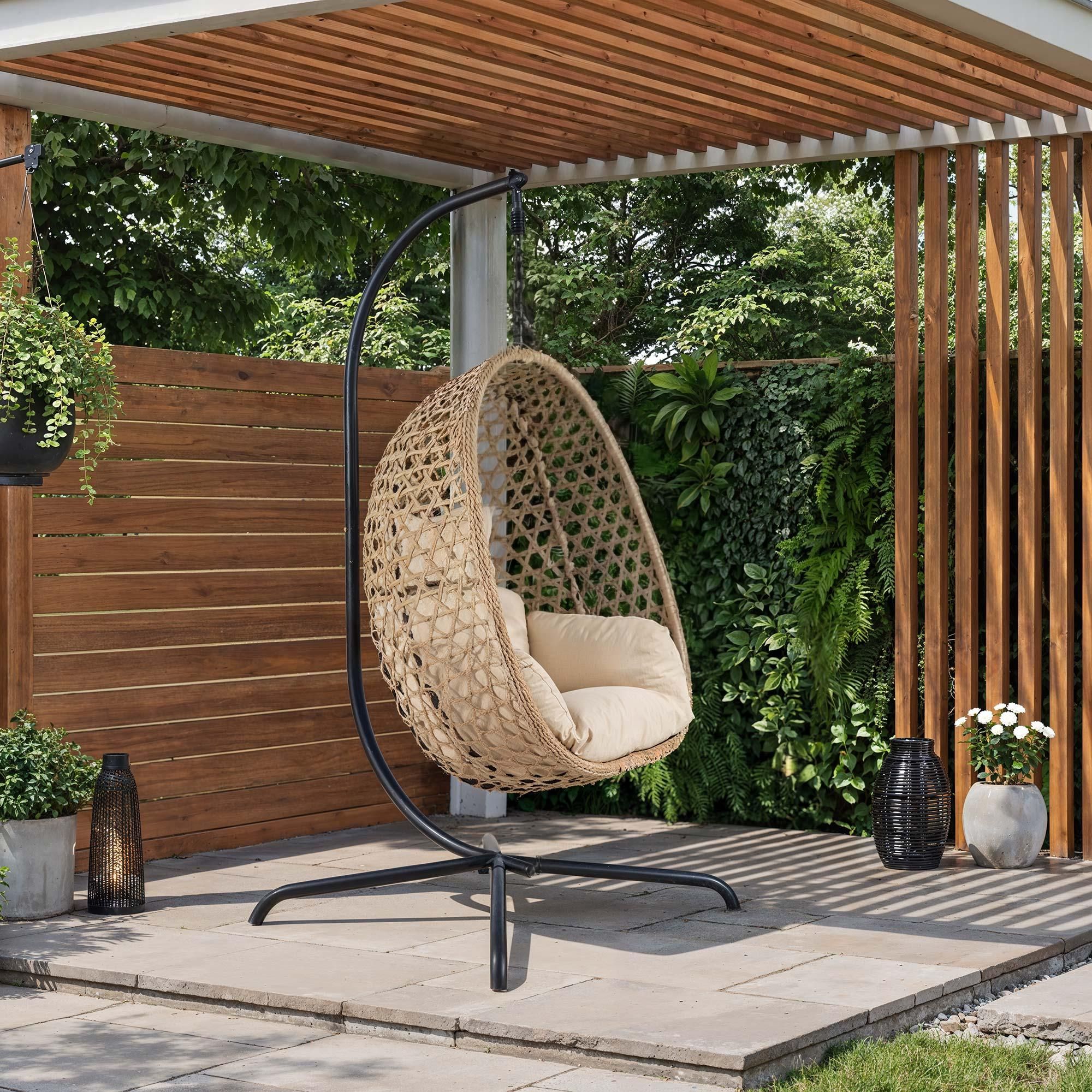 di volio Hängesessel SOMI mit Gestell - braun, Hängesessel Outdoor aus PE-Rattan mit Stahlgestell, wetterfest & bequem