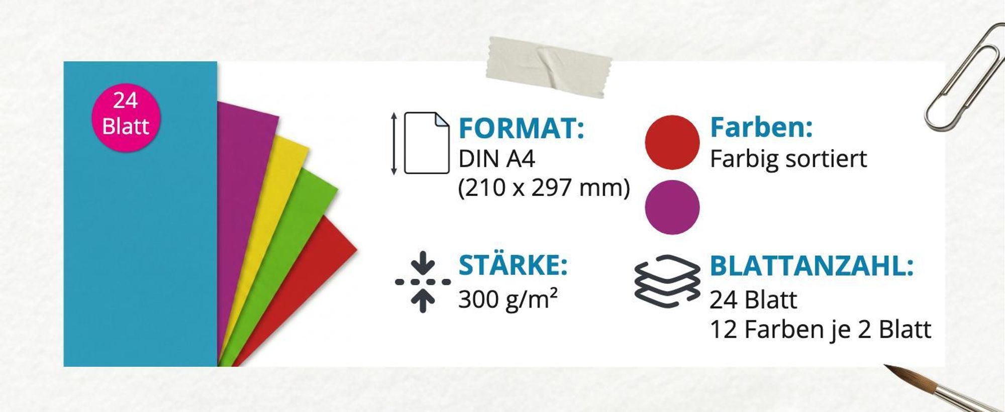 itenga Fotokarton - A4 300 g/qm 24 Blatt sortiert - Farbmix 12 Farben je 2 Blatt